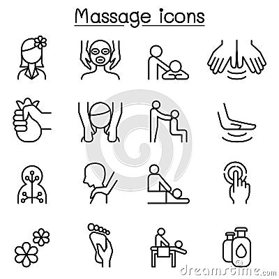 Massage & Spa icon set in thin line style Vector Illustration