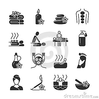 Massage and spa therapy, body care medical vector silhouette icons Vector Illustration