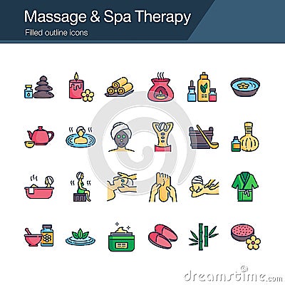 Massage and Spa Therapy icons. Filled outline design. For presentation, graphic design, mobile application, web design, Vector Illustration