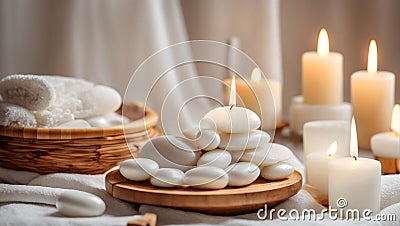 Massage stones, spa concept candles fire wellness relax Stock Photo