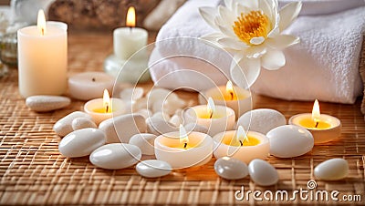 Massage stones, spa concept candles fire wellness relax care background Stock Photo