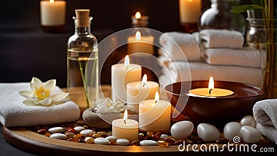 Massage stones, spa concept candles fire wellness relax care background composition Stock Photo