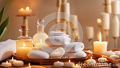 Massage stones, spa concept candles fire wellness relax care background therapy Stock Photo