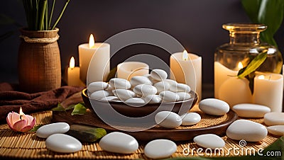 Massage stones, spa treatment candles fire wellness relax care background composition Stock Photo