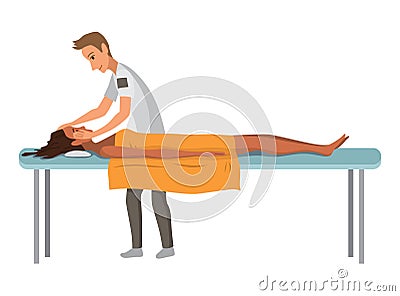 Massage therapist at work. Patient lying on couch, enjoying body relaxing treatment. Physiotherapist practicing massage Vector Illustration