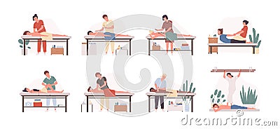 Massage therapists at work flat vector illustrations set. Patients lying on couch, enjoying body relaxing treatment Vector Illustration