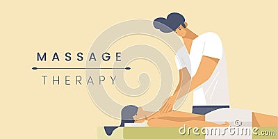 Massage therapy flat banner vector template. Professional masseur and young woman cartoon characters. Spa salon service Vector Illustration
