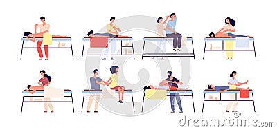 Massage therapy. Relaxing spa treatment, rehabilitation therapists and patients. Wellness relaxation men and women Vector Illustration