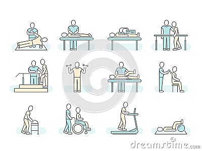 Massage therapy spa physiotherapy vector line medical icons. Therapeutic symbols Vector Illustration