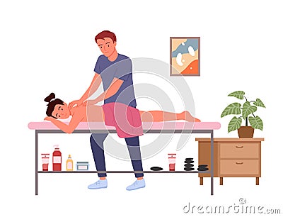 Massage therapy, wellness medicine treatment in medical salon, therapist massaging woman Vector Illustration