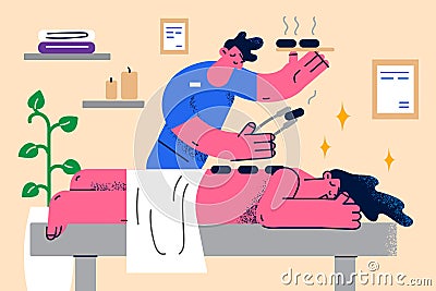 Masseur make massage to relaxed woman client in salon Vector Illustration