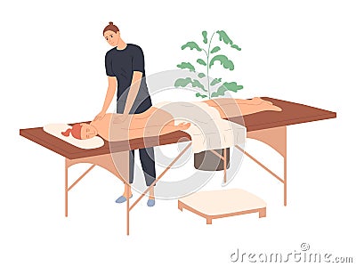 The masseur massages the back of the client. Manual therapy, chiropractic, pain or muscle relaxation treatment Vector Illustration