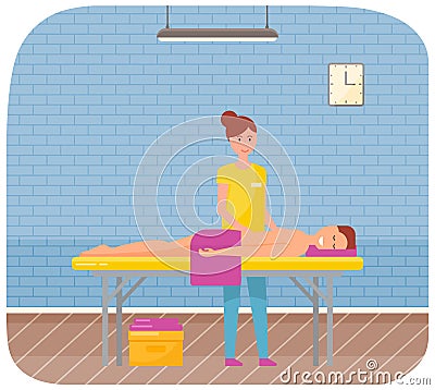 Masseur is massaging body of patient. Therapist gives massage to young man lying on couch healthcare Vector Illustration
