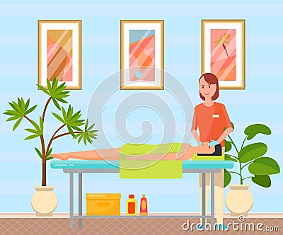 Masseur massaging face of female patient. Therapist gives massage to young woman lying on couch Vector Illustration