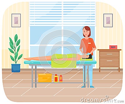 Masseur is massaging face of patient. Therapist gives massage to woman. Cosmetology procedures Vector Illustration