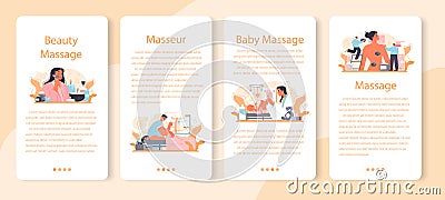 Masseur mobile application banner set. Massage back treatment Cartoon Illustration