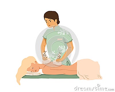 Masseur practicing body massage with herbal pouches in Spa and Wellness center. Woman relaxing during herb treatment in Vector Illustration