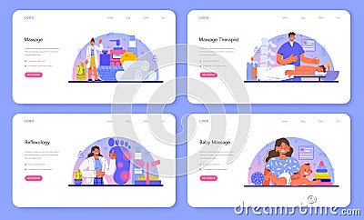 Masseur web banner or landing page set. Massage back treatment Vector Illustration