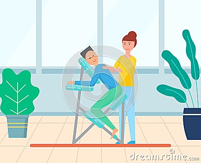 Masseuse Massaging Back of Client, Massage Chair Vector Illustration