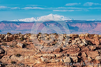 Snowcapped peak from Island in the Sky, Canyonlands National Park, Utah Stock Photo