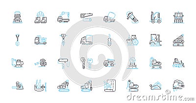 Massive building linear icons set. Monumental, Skyscraper, Towering, Colossal, Gigantic, Majestic, Fortress line vector Vector Illustration