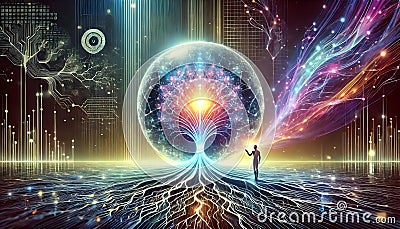 Massive crystalline sphere floating in levitating shards of light that form a dynamic structure, symbolizing the Cartoon Illustration