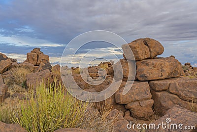 Massive Dolerite Rock Formations at Giant`s Playground near Keetmanshoop, Namibia Stock Photo