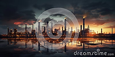 A massive factory with billowing smokestacks stands against the backdrop of a sunset sky, a powerful symbol of Stock Photo