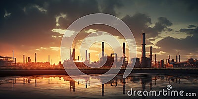 A massive factory with billowing smokestacks stands against the backdrop of a sunset sky, a powerful symbol of Stock Photo