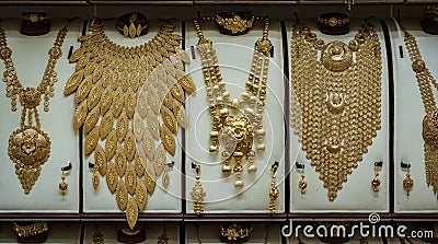 Massive gold jewelry for sale at a Gold Souk Editorial Stock Photo