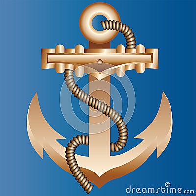 The massive gold ship anchor braided with a thick hempen rope on a bright blue background of color of sea water. Vector Illustration