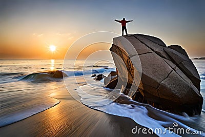 A massive granite boulder precariously balanced on the edge of a rocky cliff, defying gravity Stock Photo