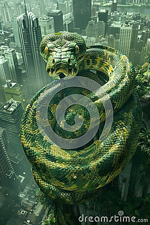 Massive Green Serpent Coiling Around Futuristic Cityscape Fantasy Concept Artwork Stock Photo