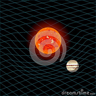 Massive object distorts spacetime and attracts smaller object, two-dimensional model of gravity, vector illustration Vector Illustration