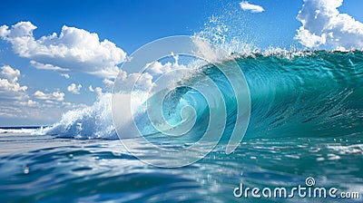 Massive ocean wave crashing against blue sky in side view, powerful water swell in motion Stock Photo