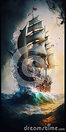 Massive Pirate Ship large splashes large transparent Stock Photo