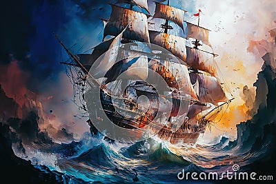 Massive Pirate Ship large splashes large transparent Stock Photo