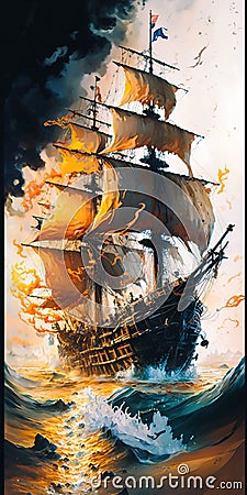 Massive Pirate Ship large splashes large transparent Stock Photo