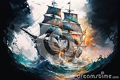 Massive Pirate Ship large splashes large transparent Stock Photo