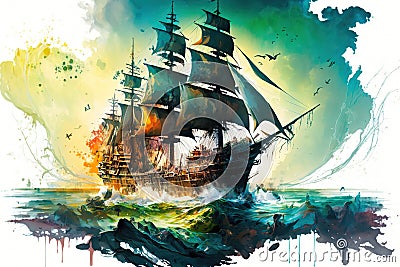 Massive Pirate Ship large splashes large transparent Stock Photo