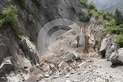 massive rockslide from cliff, with jagged rock fragments and dust Stock Photo
