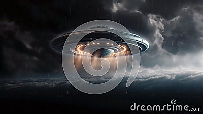 A massive spaceships known as mothership takes position over cloud for a invasion. AI Generative Stock Photo