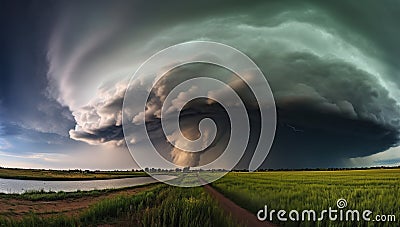 A massive supercell with lightning over a green field and a road leading towards the approaching storm Stock Photo