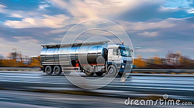 A massive tanker truck laden with fuel barrels rumbles down a bustling highway, embodying strength and power on its journey to Stock Photo