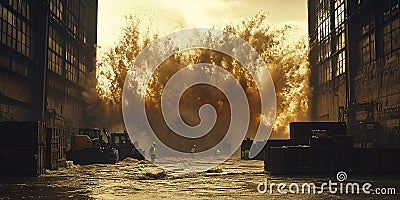 Massive Wave Crashes Through Abandoned Industrial Site During Sunset