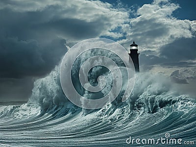 Massive wave crashes into the lighthouse Stock Photo