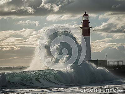 Massive wave crashes into the lighthouse Stock Photo