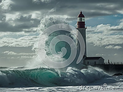 Massive wave crashes into the lighthouse Stock Photo