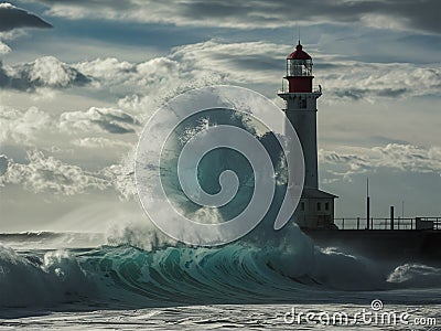 Massive wave crashes into the lighthouse Stock Photo