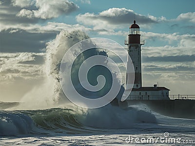 Massive wave crashes into the lighthouse Stock Photo